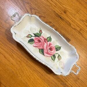 Hand Painted Floral Trinket Dish Jewelry Desk Dresser Granny Shabby Chic